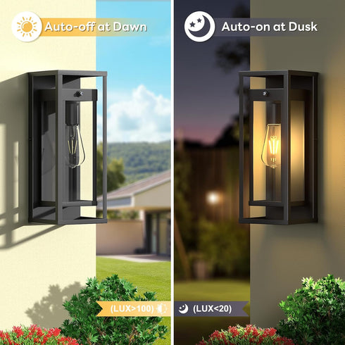 15in E26 Dusk to Dawn Outdoor Wall Sconce-Black Modern Exterior Lighting Fixture Waterproof Porch Lights Large Outside