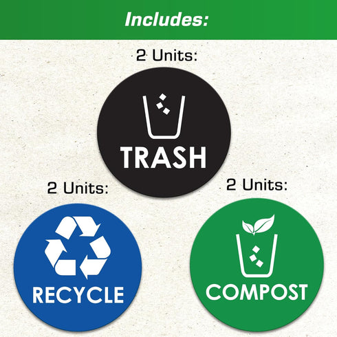 Trash Recycle Compost Stickers - 6-Pack, 4" Inch Round Decals for Indoor & Outdoor Waste Management