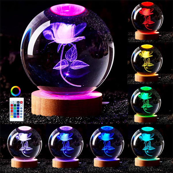 Conalisk 3D Rose Crystal Ball Lamp,3.15 inch Crystal Ball Night Light with Wooden