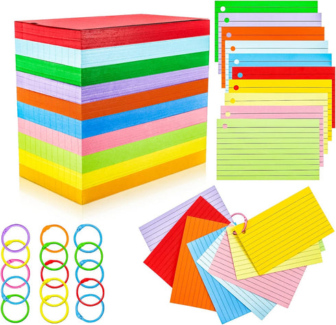 600Pcs 3x5 Inch 3 5 MotBach Colored Index Cards Flash Cards with Rings Lined Note Card Flashcards, Colorful Ruled Card