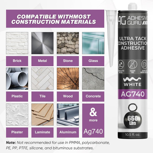 Adhesive Guru AG740 Ultra Tack Hybrid Construction Adhesive, 10.5 fl oz, Heavy Duty Indoor Outdoor Caulk Sealant