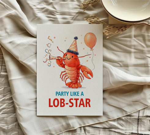 ZGLDesigns Cute Lobster Birthday Card - Party Like A Lob-Star - Funny Celebration - Kawaii Birthday Anniversary - Card