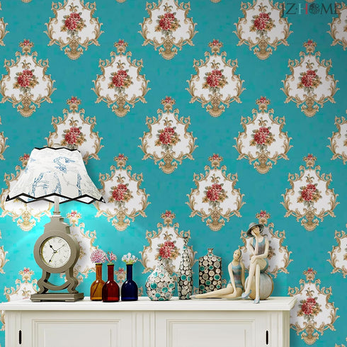 5482 Luxury Damask Peel and Stick Wallpaper 17.7" 9.8ft Cyan Peony Floral Self Adhesive Contact Paper Removable Damask Furniture Decorative Paper Vinyl Film Roll by JZHOME