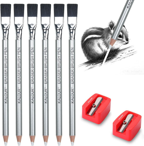 KALOUR Detail Eraser Pencil, 6pc Eraser Pencils with Brush and 2pc Sharpener, Fine Detail Eraser for Sketching,