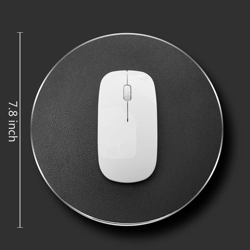 Metal Aluminum Mouse Pad, Round Thin Hard Mouse Mat with Leather Surface, Silver and Black for Precision Control