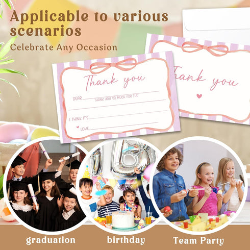 BWTRVL Set, B05 Kids Thank You Cards with Envelopes, Pink Ribbon Theme Fill in the Blank Thank You Notes for Kids