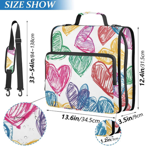 ALAZA 3 500 Heart Crayon Drawing Ring Zipper Binder Sheets Expanding File Folder Bag Case Briefcase with Shoulder Strap