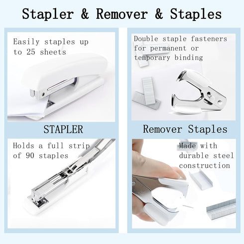 Office Desk Accessories, White 360° Pen Holder Desk Organizers with Tape Dispenser, Stapler, Remover, Staples, Ruler,