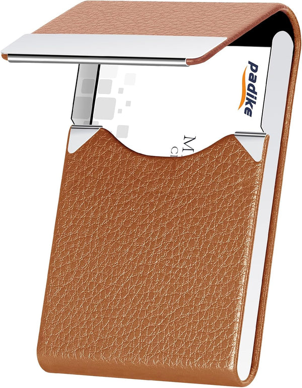 Padike Leather Business Card Holder - Slim Metal Case with Magnetic Shut (Apricot)