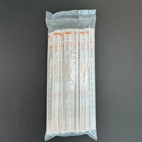 Generic 10 mL Pack 50 Serological Pipettes, Graduated, Drawn Tip, Orange Color Ring, Individually Wrapped,