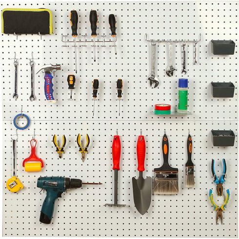FRIMOONY Pegboard Hooks with Bins, 117 PCS, for Organizing Various Tools, 60 Peg Locks Included