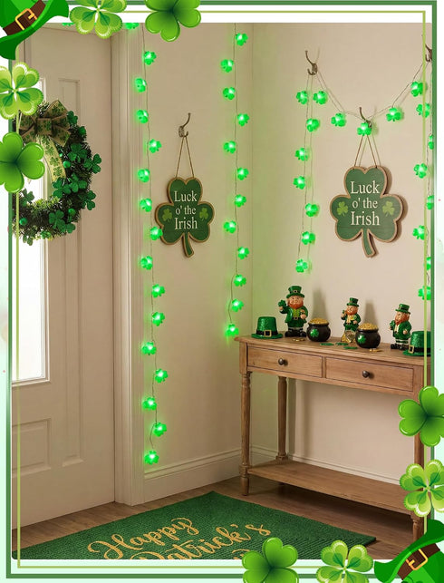 8.5Ft 10 Shamrock String Lights, St. Patrick's Day Decoration Lights with Green Lucky Grass, Plug-in Lucky Clover