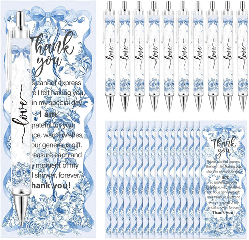 Sayglossy 50 Sets Blue Bridal Shower Bow Pens Wedding Thank You Gifts for