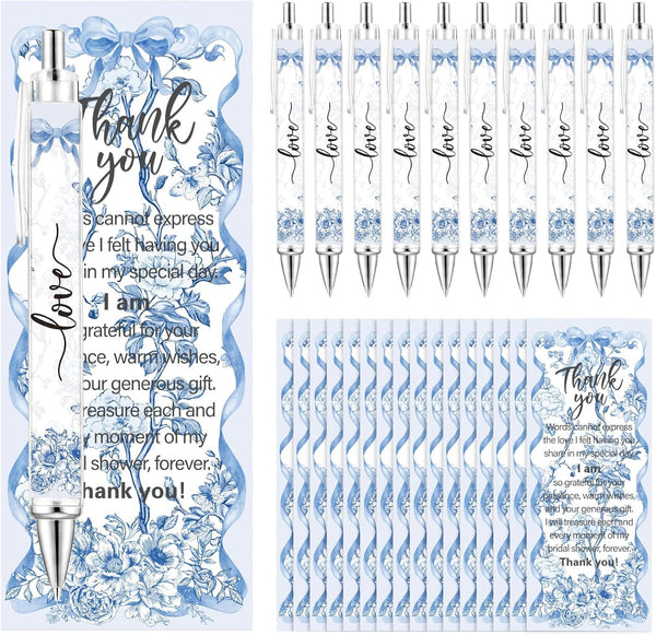 Sayglossy 50 Sets Blue Bridal Shower Bow Pens Wedding Thank You Gifts for