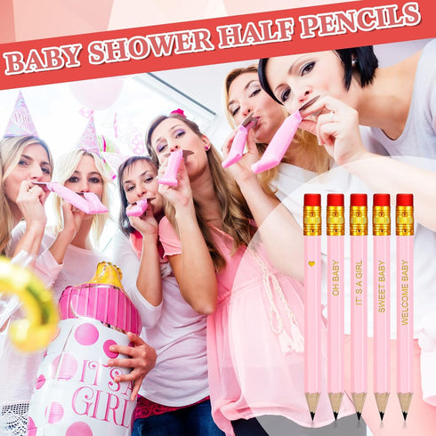 Crtiin 50 Pieces Baby Shower Pencils for Games, Golf Half Pencils, Mini Pencils, 4 Inch, Pink