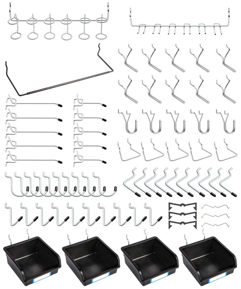 FRIMOONY Pegboard Hooks with Bins, Peg Locks for Organizing Various Tools, 131 PCS Total