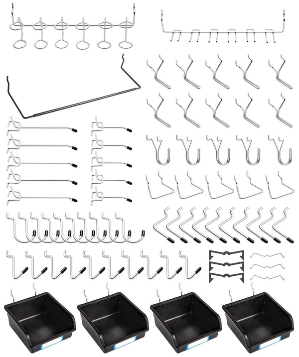 FRIMOONY Pegboard Hooks with Bins, Peg Locks for Organizing Various Tools, 131 PCS Total