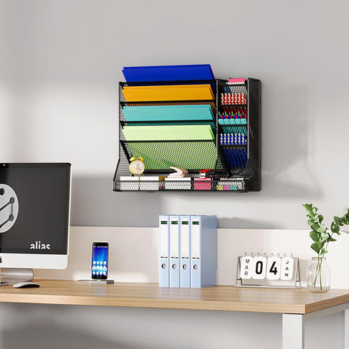 Wall Mounted 4 Tier File Organizer, Durable Adjustable Metal Vertical Hanging with 4 Pen Slots for Office, Black