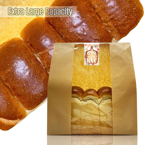 BIUBIU 16x10x5 inch Packaging 50Pcs Extra Large Paper Bread Bags for Homemade Bread with Window & Sticker for XL