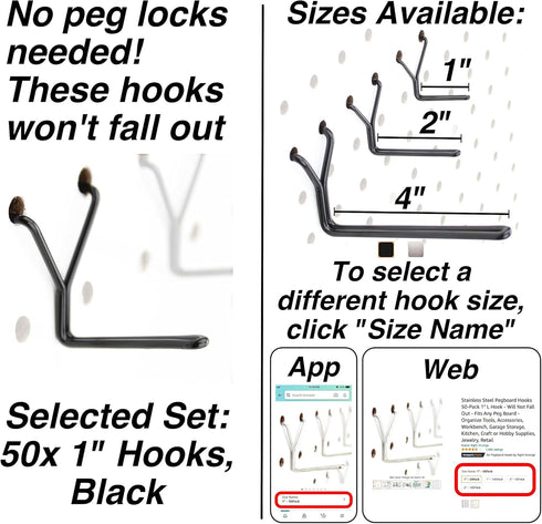 Steel Pegboard Hooks 50-Pack 1" L Hook, Black - Organize Tools, Accessories, Workbench, Garage Storage, Kitchen, Crafts