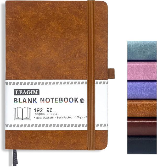 Blank Journal Notebook, A5, 192 Pages, 100 GSM Thick Sketch Book for Men and Women, Hardcover Leather Unlined