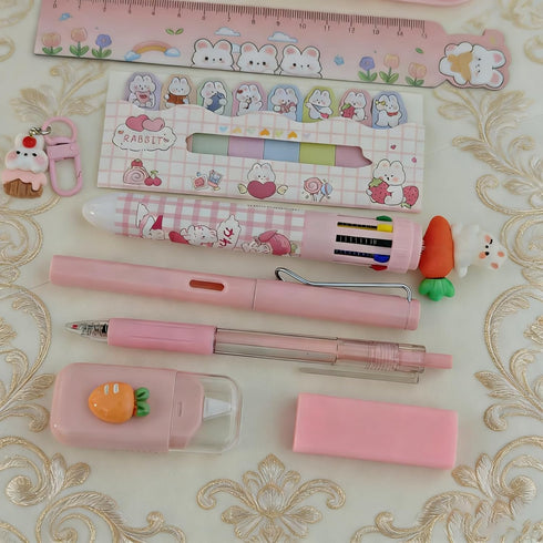 SHIDESHIN 9 Set Pcs Cute Pink Stationery Carrot Rabbit Kawaii Office Supplies Including Pens Pencil Eraser Ruler