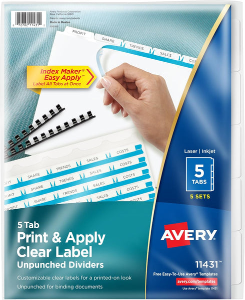 Avery 5 Tab Unpunched Dividers, Customizable White Tabs, Easy Print & Apply, 5 Sets
