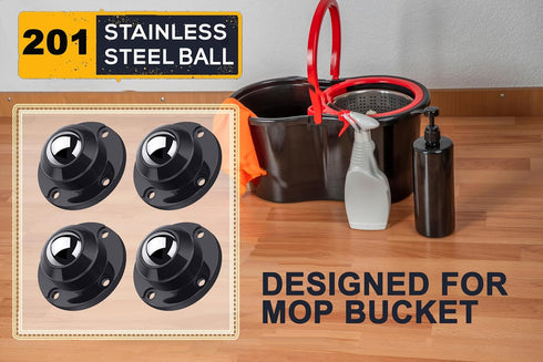 PlusRoc 4 Pack Stainless Steel Self Adhesive Caster Wheels for Mop Bucket, Load Capacity 28LBS Per Wheel for Furniture