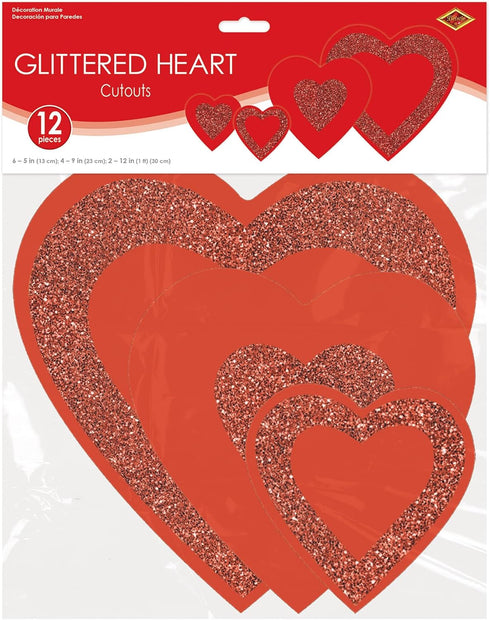 Beistle 5"-12" Red Paper Glittered Heart Cut Outs for Valentine's Day Classroom Bulletin Board and Craft Supplies