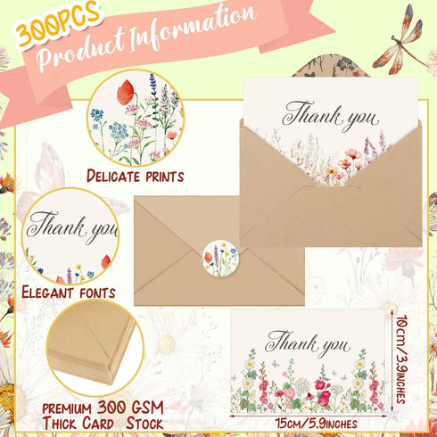 Noveread 100 Pack 4 6 Inch Wildflower Thank You Cards with Envelopes and Stickers x Spring Floral Blank Cards