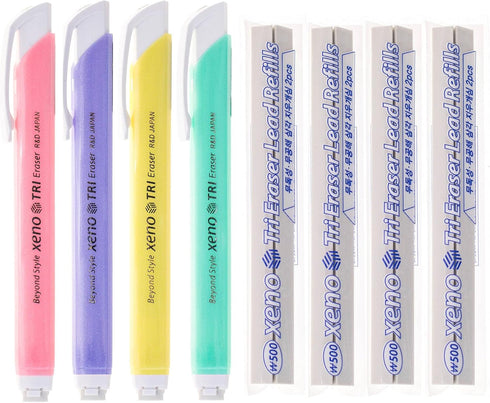 Xeno Tri-II Retractable Click Erasers, 4 Erasers and 8 Assorted Color Refills