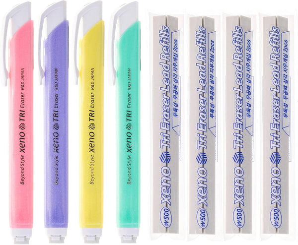 Xeno Tri-II Retractable Click Erasers, 4 Erasers and 8 Assorted Color Refills