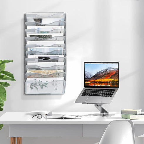 EasyPAG Mesh Wall File Holder, 10 Pockets Vertical Office Hanging File Organizer, Silver Magazine Rack for Documents