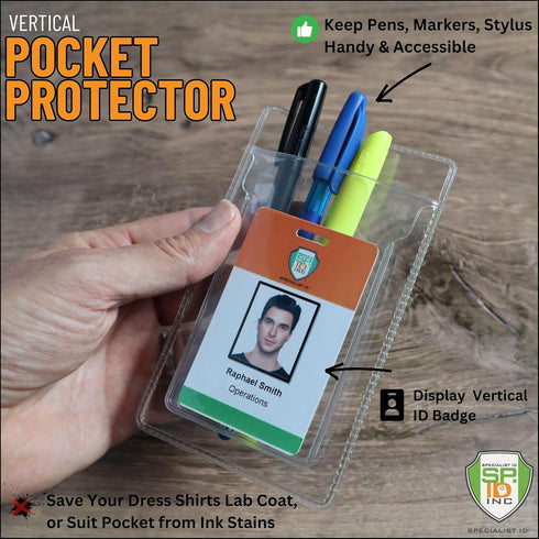 Heavy Duty Pocket Protector with Vertical ID Badge Holder by Specialist ID - Clear Plastic Organizer for Pens, Tools