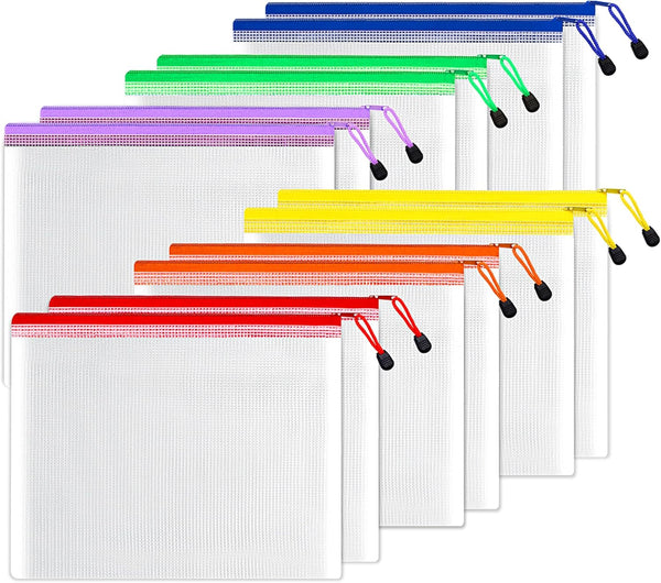 SUNEE Plastic Mesh Zipper Pouch 10x14 in (6 Colors, 12 Packs), Extra Large Zip Bag for Organizing