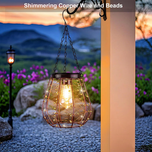 2 Pack- Hanging Solar Lantern Lights, Solar Chandelier Outdoor Waterproof Vintage Copper Outdoor Hanging Lights