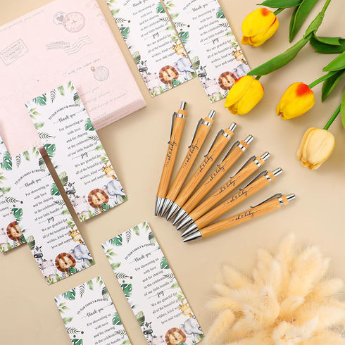 Zhanmai 100 Sets Safari Baby Shower Favors, Includes Bamboo Pens and Thank You Cards, Jungle Safari Decorations