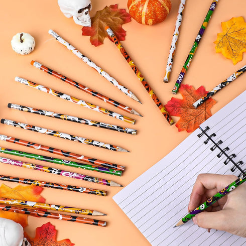 LOMIMOS 120pcs Halloween Pencil Bulk, Colorful Wooden with Eraser, 12 Patterns for Kid Trick or Treat Party Supplies