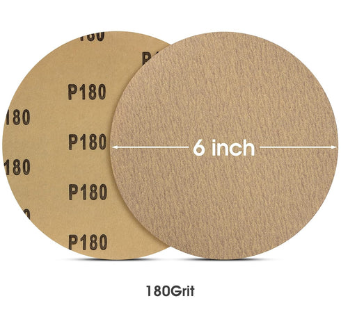 100PCS 6 inch Gold PSA Sanding Discs, 180 Grit Self Adhesive Sticky-Back Sandpaper for Woodworking Metal Sanding Disc