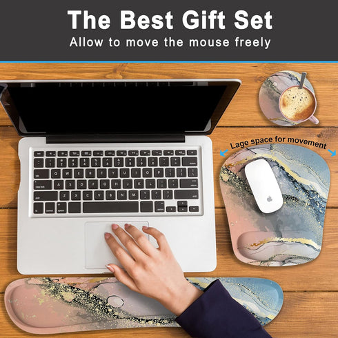 Keyboard Wrist Rest Memory Foam Ergonomic Mouse Pad with Non-Slip Rubber Base, Pink Marble