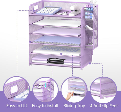 SUPEASY 6 Tier Paper Organizer with 4 Pen Holders, Mesh Desk Organizer for A4 File Folder, Purple