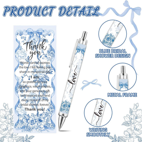 Sayglossy 50 Sets Blue Bridal Shower Bow Pens Wedding Thank You Gifts for Guests Blue White Floral Ballpoint Pens
