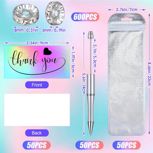 750 50 Packaging Qilery Pcs DIY Beadable Pens Kit, Pcs Plastic Ballpoint Pens Bulk, Included Foil Thank You Cards