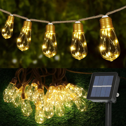 Solar Outdoor String Lights 24FT Vintage Rope Hemp Solar Lights with 20