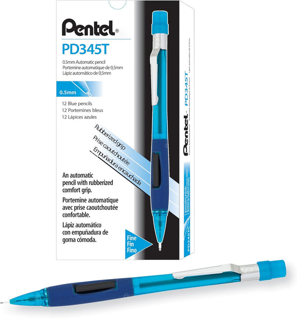Pentel Quicker Clicker Automatic Pencil, Box of 12, 0.5mm Lead Size, Transparent Blue Barrel (PD345T-C)