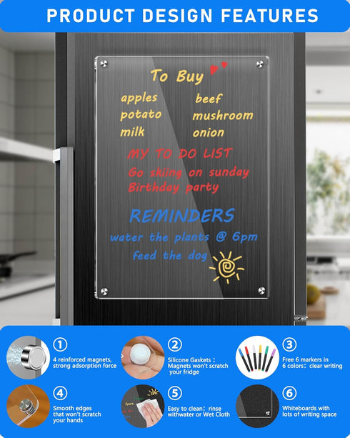 Clear Acrylic Magnetic Dry Erase Board for Fridge, 12"x8" Magnetic Weekly Planner Calendar with 6 Colors Markers