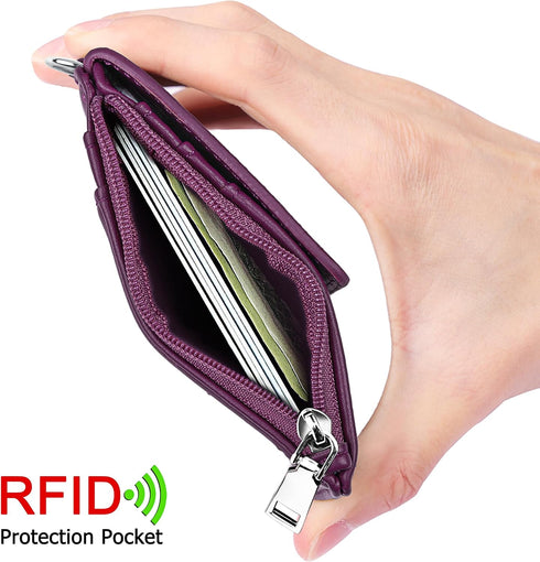 ELV PU Leather ID Badge Holder with Zipper, 5 Card Slots, RFID Blocking Pocket, 20 inch Neck Lanyard, Purple