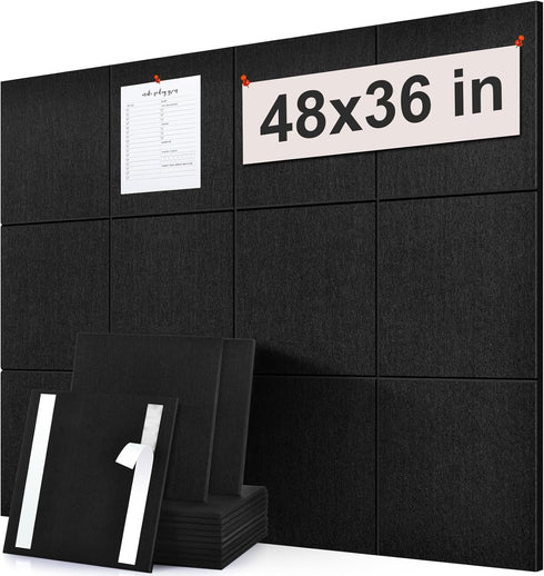 Extra Large 48"x36" Cork Board Substitute, 12 Pack Black Felt Board for Home & Office Wall Decor