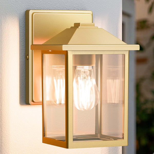 MATAMEYE Outdoor Wall Lantern, Exterior Waterproof Wall Sconce Light Fixture, Gold Front