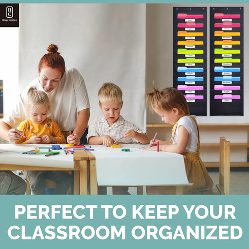 Black Pocket Chart for Classroom - Pack of 2 with 10 Pocket Storage and 6 Over Door Hangers for Organizing